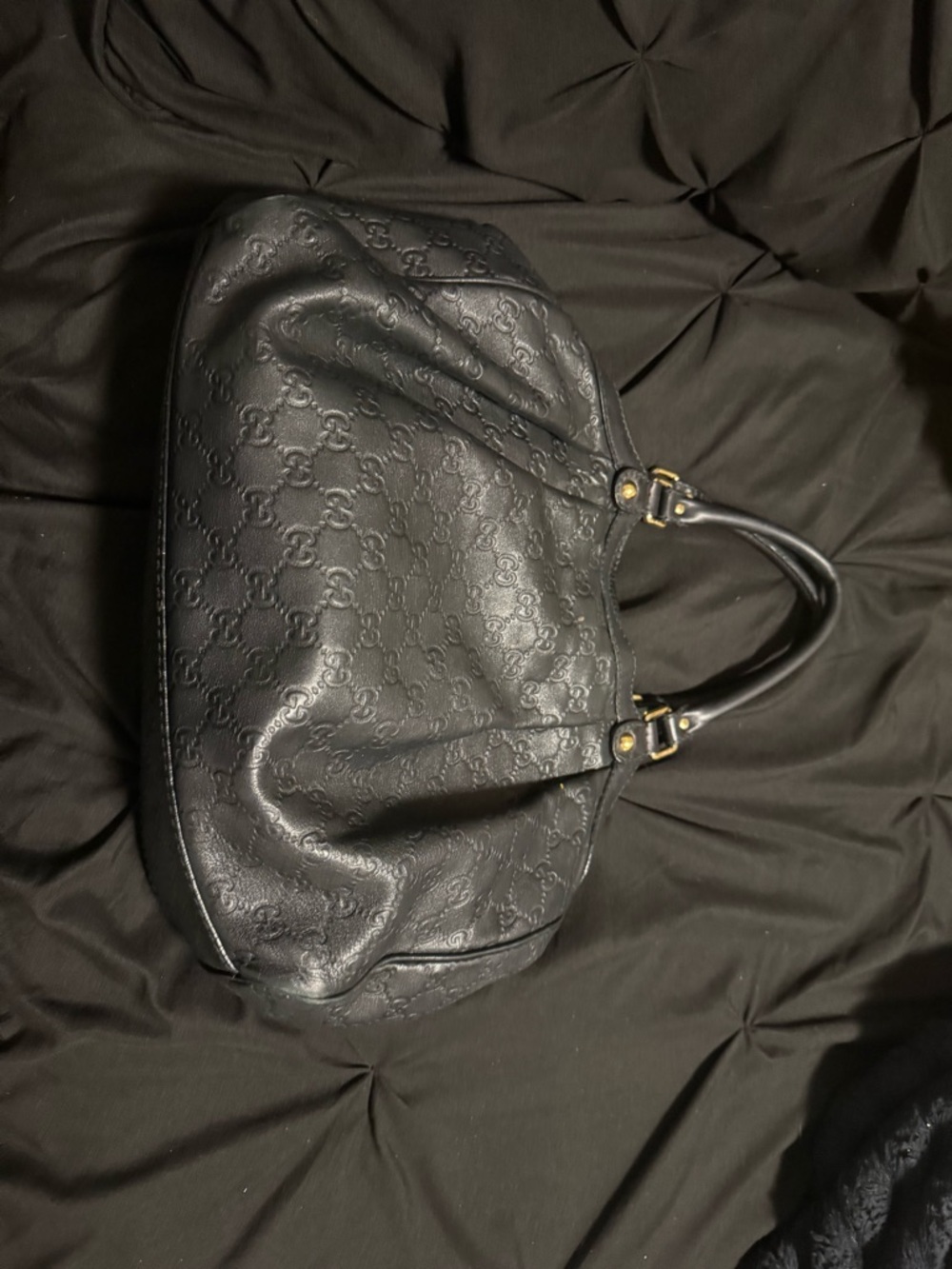 Gucci Black Embossed Leather Shoulder Bag with Gold Hardware